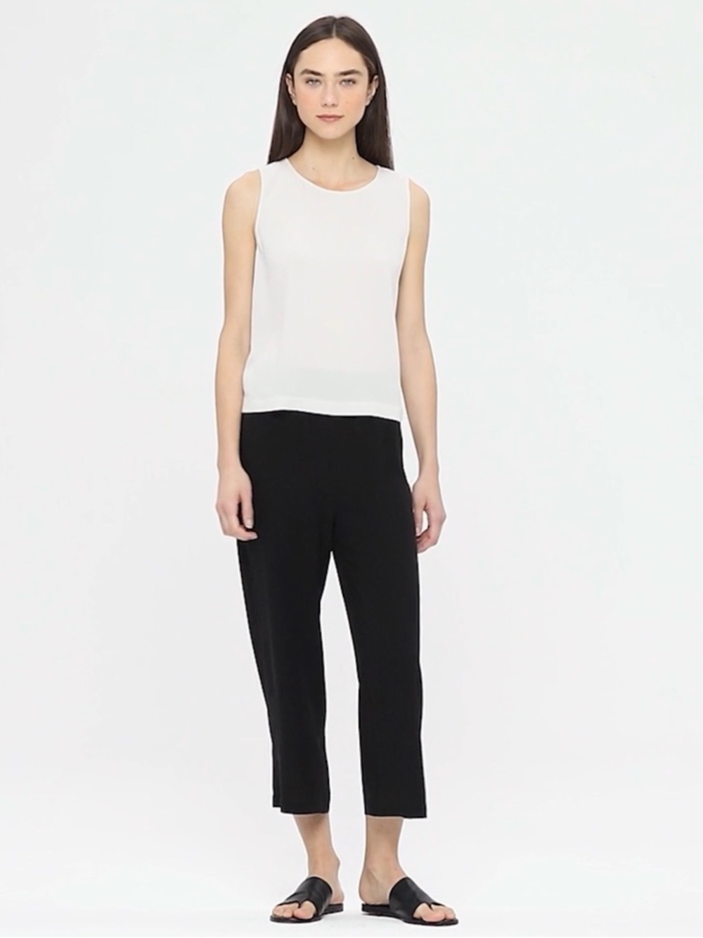 Eileen Fisher Silk Georgette Crepe Black Straight Crop Pants L NWT Elastic Waist